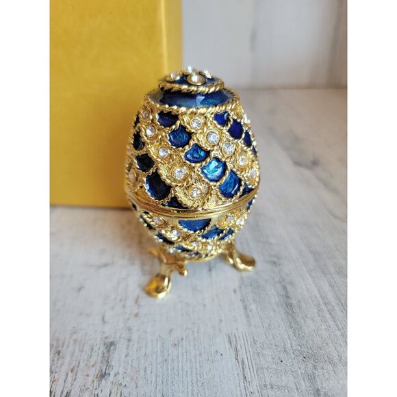 Blue trinket box egg golden enameled hinged Easter home decor unique - Picture 2 of 13